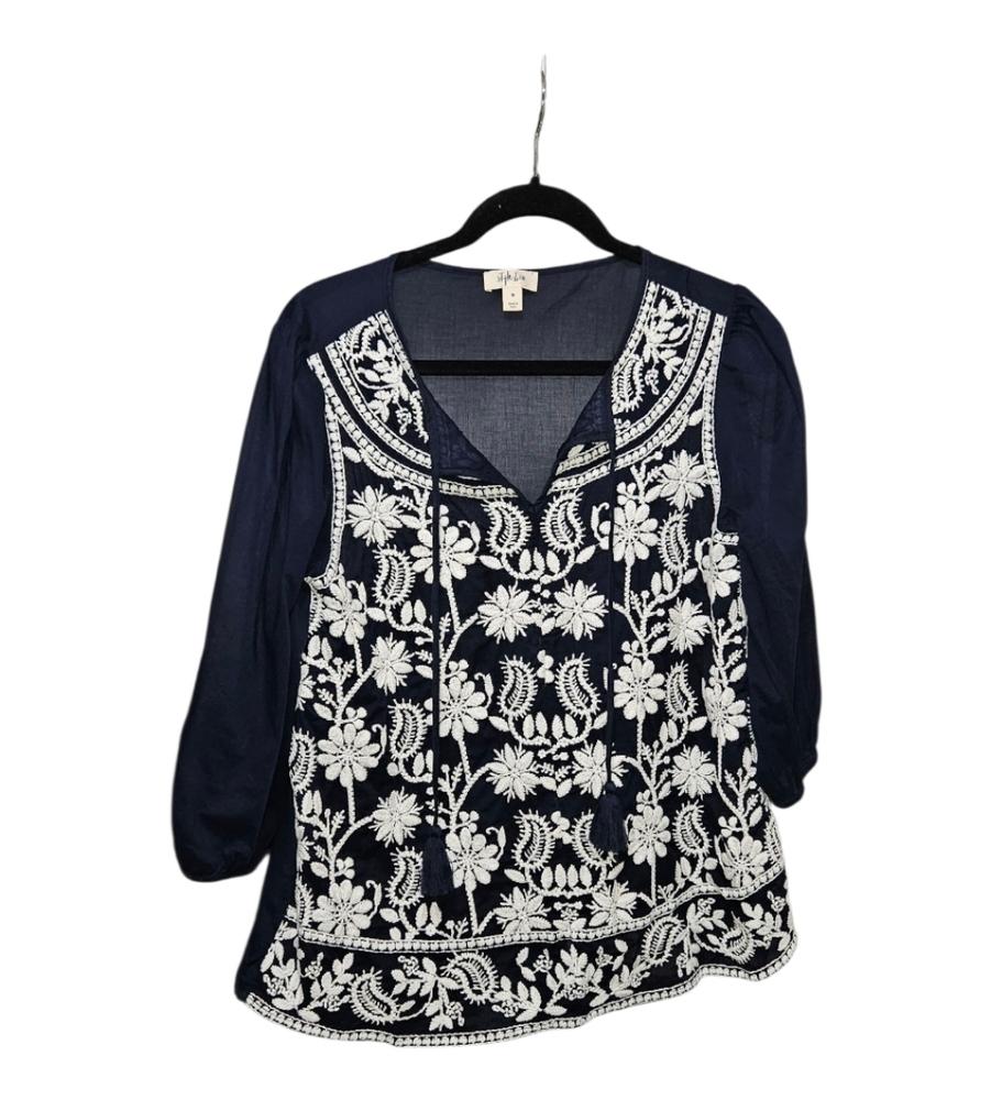 Style & Co. Dark Blue Floral Embroidered Blouse